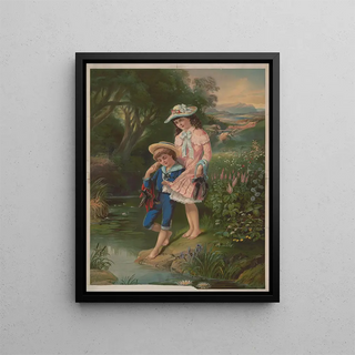 a girl and boy barefoot by the water - Anonymous — framed artwork on a wall