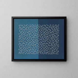 Leaf with light blue and dark blue halves with a hollow hexagonal pattern - Anonymous — framed artwork on a wall