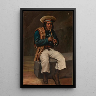 Indian Bolivian painting playing the quena - Anonymous — framed artwork on a wall