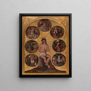 The Christ Sitting on the Cold Stone and Other Scenes of the Passion - Anonymous — framed artwork on a wall