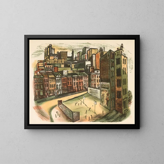Urban scene with playground - Anonymous — framed artwork on a wall