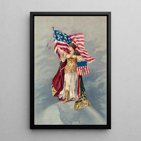Columbia standing on the ground holding an American flag and a brand sign - Anonymous — framed artwork on a wall