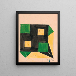 Green and Yellow Checkered Tablecloth Pattern on Black Background - Anonymous — framed artwork on a wall