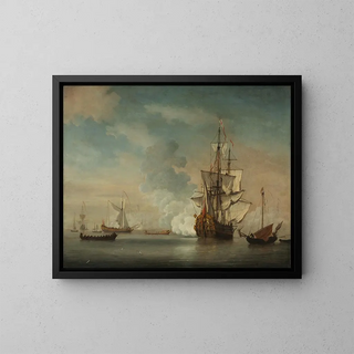 Warship firing a salute - Anonymous — framed artwork on a wall