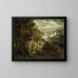 Fantastic landscape with figures - Anonymous — framed artwork on a wall