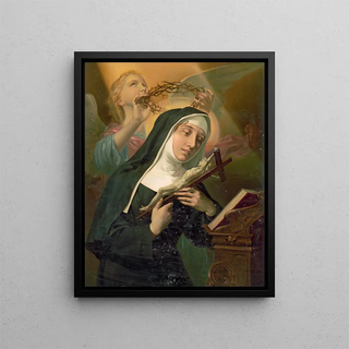 a saint holding a crucifix while an angel places a crown of thorns on her head - Anonymous — framed artwork on a wall