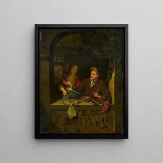 Fishmonger and woman with beer mug - Anonymous — framed artwork on a wall
