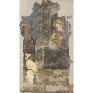 Fresco of the Door of the Singers of Saint-Étienne, Mary enthroned with the child, saint abbot, and figure of the founder - Anonymous — artwork view