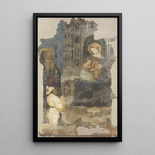 Fresco of the Door of the Singers of Saint-Étienne, Mary enthroned with the child, saint abbot, and figure of the founder - Anonymous — framed artwork on a wall