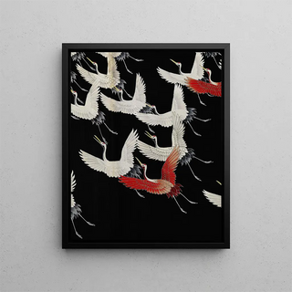 Furisode with a myriad of flying cranes - Anonymous — framed artwork on a wall