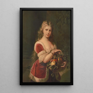 Girl holding a basket of fruits - Anonymous — framed artwork on a wall