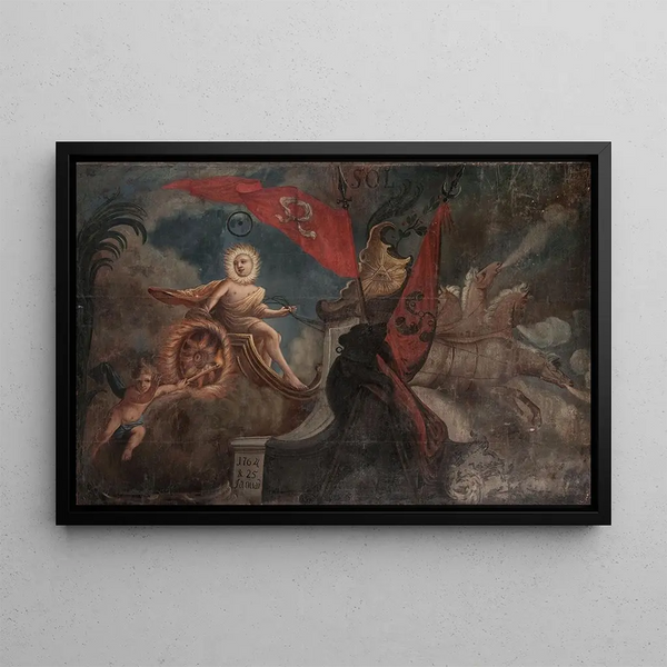 Helios on the chariot Allegory with the coats of arms of Trby Woyna and Nacz - Anonymous — framed artwork on a wall