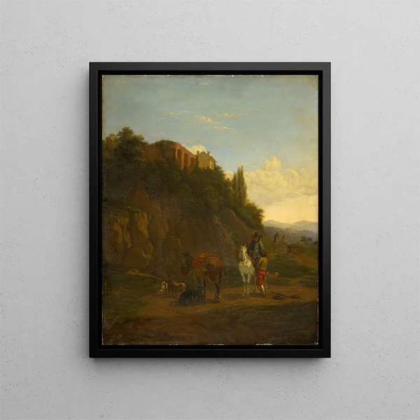 Italian landscape painting with travelers - Anonymous — framed artwork on a wall