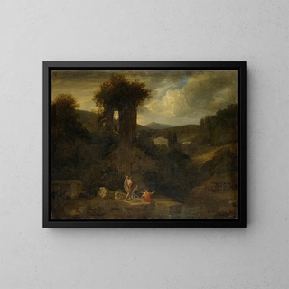 Landscape painting with the remains of a temple, fishermen, and a river - Anonymous — framed artwork on a wall