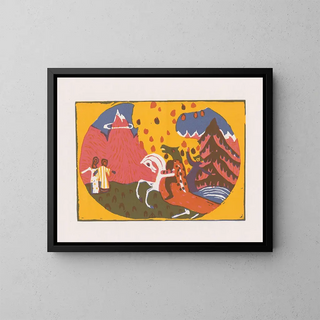 Landscape with figures and a rider with a monster's head - Anonymous — framed artwork on a wall