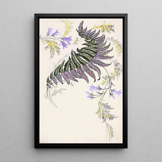 Large painting of feathered leaves in black, green, violet, and gold - Anonymous — framed artwork on a wall