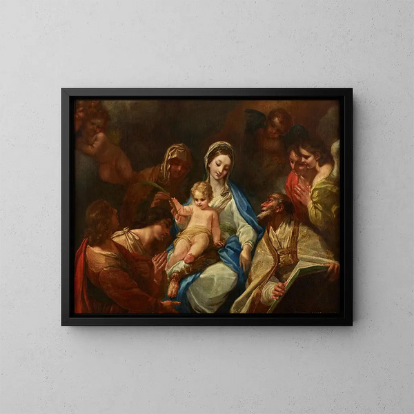 Madonna with Child, Saints, and Angels - Anonymous — framed artwork on a wall