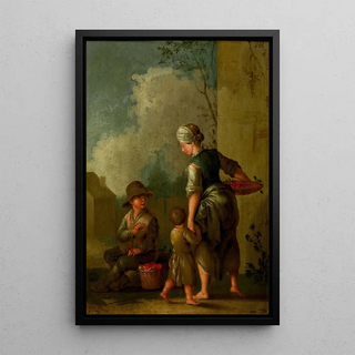 Servante with children carrying fruits - Anonymous — framed artwork on a wall