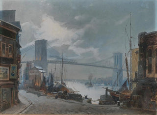 the New York scene painting of the Brooklyn Bridge, opened in 1883, with South Street in the foreground - Anonymous — artwork view