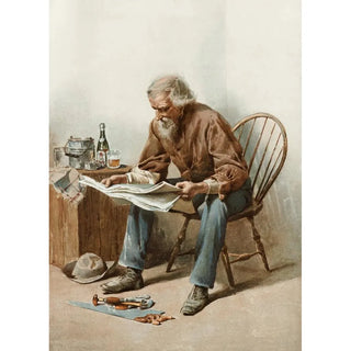 Old man sitting on a chair reading a newspaper - Anonymous — artwork view