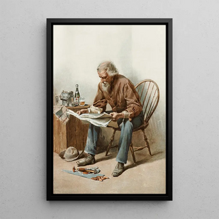 Old man sitting on a chair reading a newspaper - Anonymous — framed artwork on a wall
