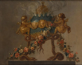 a perfume burner supported by cherubs and serpents, decorated with flowers - Anonymous — artwork view