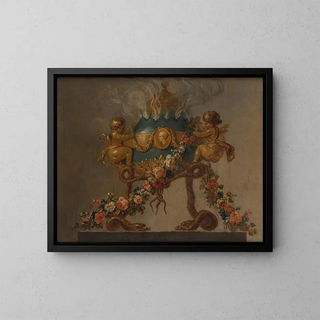 a perfume burner supported by cherubs and serpents, decorated with flowers - Anonymous — framed artwork on a wall
