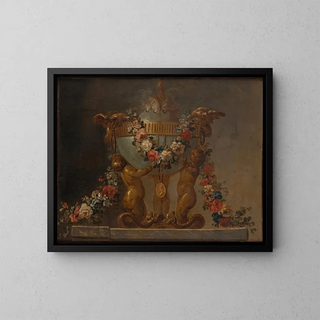 a perfume burner supported by tritons and adorned with flowers - Anonymous — framed artwork on a wall