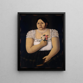Portrait of an Indigenous Woman from Puebla with a Bouquet of Roses - Anonymous — framed artwork on a wall