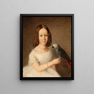 Portrait of a girl with a gray parrot - Anonymous — framed artwork on a wall