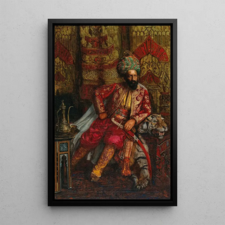 Portrait of a pasha sitting on a tiger skin in a sumptuous interior - Anonymous — framed artwork on a wall