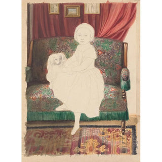 Portrait of a girl with a dog on a sofa - Anonymous — artwork view