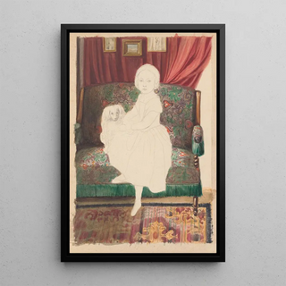 Portrait of a girl with a dog on a sofa - Anonymous — framed artwork on a wall
