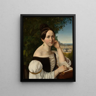 Portrait of a young woman with a book in a park - Anonymous — framed artwork on a wall