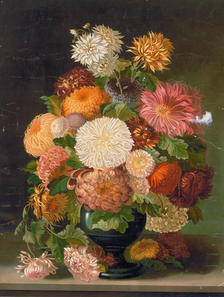 Fleurs rouges, oranges, blanches et roses dans un vase noir - Anonyme — artwork view
