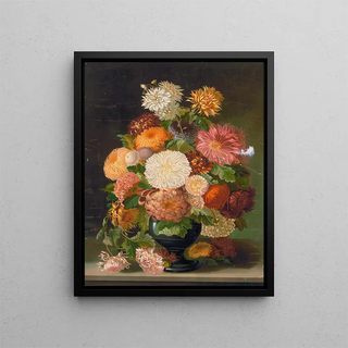 Fleurs rouges, oranges, blanches et roses dans un vase noir - Anonyme — framed artwork on a wall