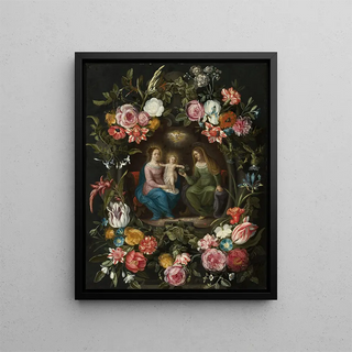Saint Anne with the Virgin Mary and the Infant Jesus within a circle of flowers - Anonymous — framed artwork on a wall