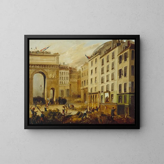 Battle scene at Porte Saint-Martin on July 28, 1830 - Anonymous — framed artwork on a wall