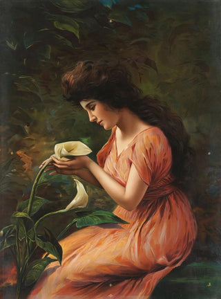 a seated woman looking at a calla lily - Anonymous — artwork view