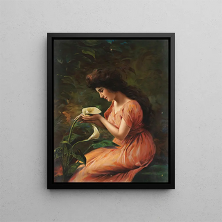 a seated woman looking at a calla lily - Anonymous — framed artwork on a wall