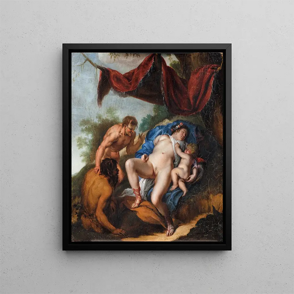 Venus Sleeping with Cupid Observed by Satyrs - Anonymous — framed artwork on a wall