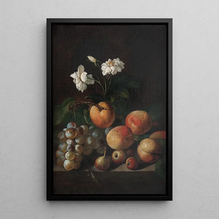 Still life with fruits and white roses - Anonymous — framed artwork on a wall