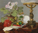 Still life with geraniums, dahlias, ice gloves, and jewelry - Anonymous — artwork view