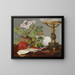 Still life with geraniums, dahlias, ice gloves, and jewelry - Anonymous — framed artwork on a wall