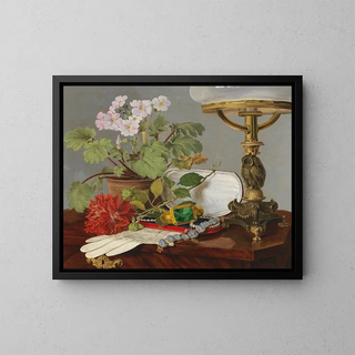 Still life with geraniums, dahlias, ice gloves, and jewelry - Anonymous — framed artwork on a wall