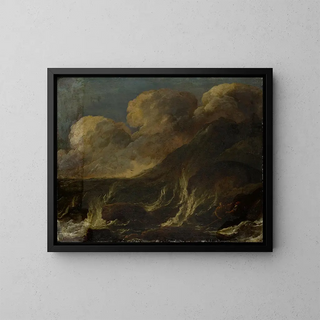 Stormy Sea Painting with Fishermen - Anonymous — framed artwork on a wall