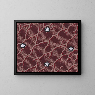Textile design painting with intertwined branches and alternating rows of rosettes on a woven pattern background - Anonymous — framed artwork on a wall