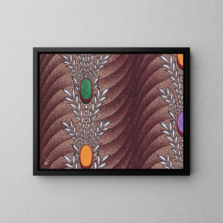 Textile with vertical garlands of stylized leaves, beads, and ovals on a background of overlapping scales - Anonymous — framed artwork on a wall