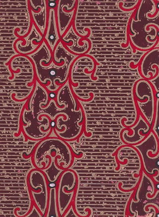 Textile pattern painting with vertical bands of beads framed by ornamental motifs in scrolls on a striped polka dot background - Anonymous — artwork view