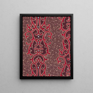 Textile pattern painting with vertical bands of beads framed by ornamental motifs in scrolls on a striped polka dot background - Anonymous — framed artwork on a wall